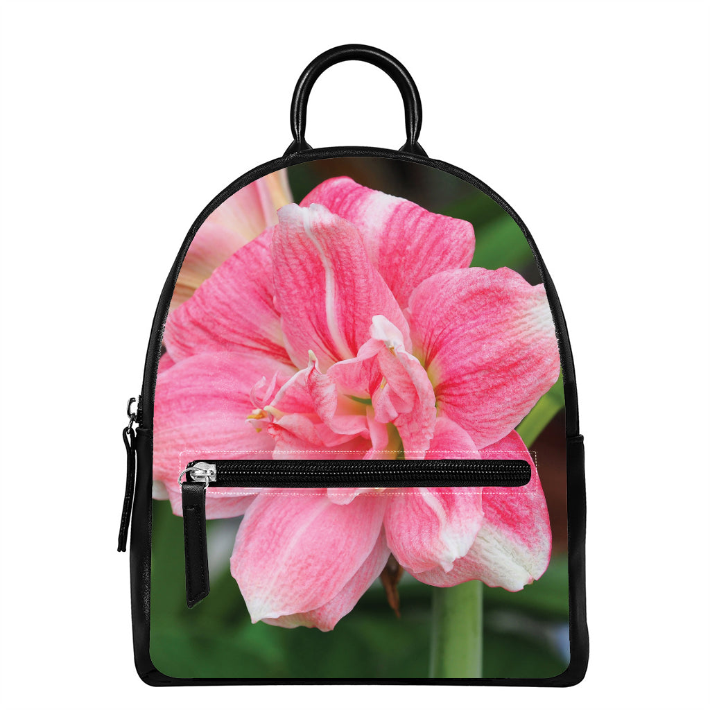 Pink Amaryllis Print Leather Backpack