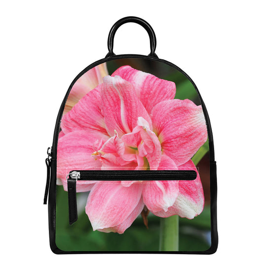 Pink Amaryllis Print Leather Backpack