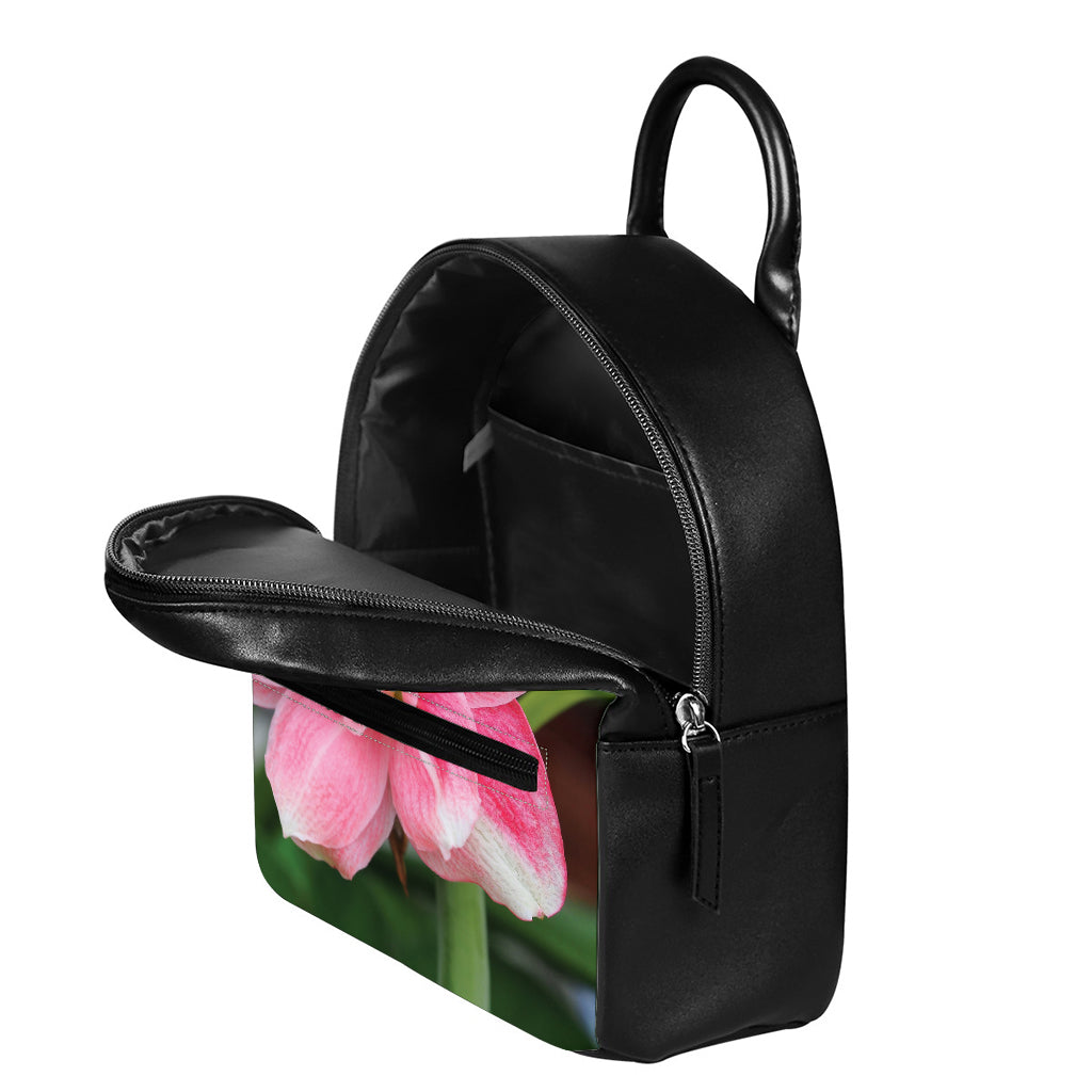 Pink Amaryllis Print Leather Backpack