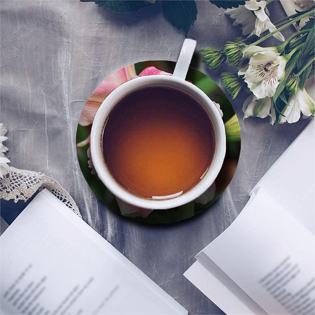 Pink Amaryllis Print Leather Coaster Set