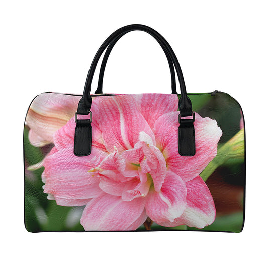 Pink Amaryllis Print Leather Duffle Bag