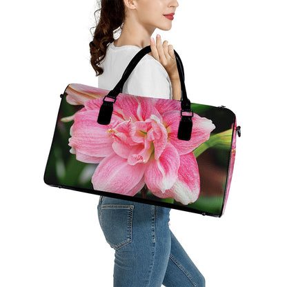 Pink Amaryllis Print Leather Duffle Bag