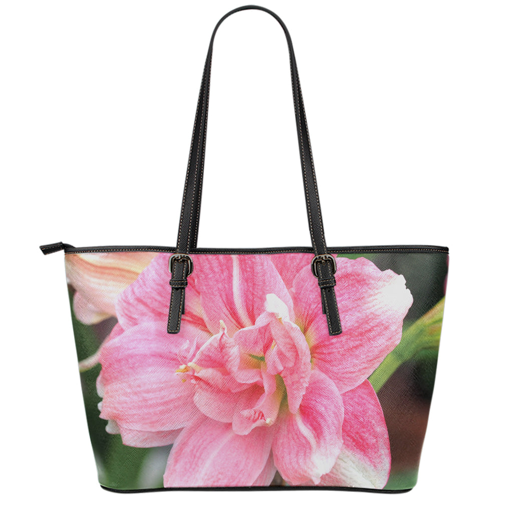 Pink Amaryllis Print Leather Tote Bag