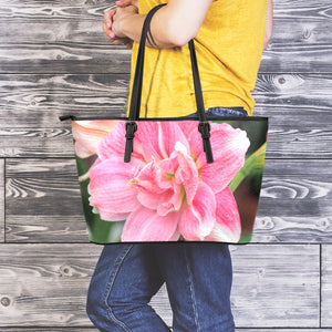 Pink Amaryllis Print Leather Tote Bag