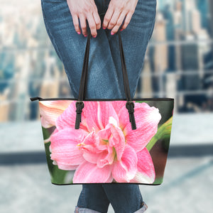 Pink Amaryllis Print Leather Tote Bag