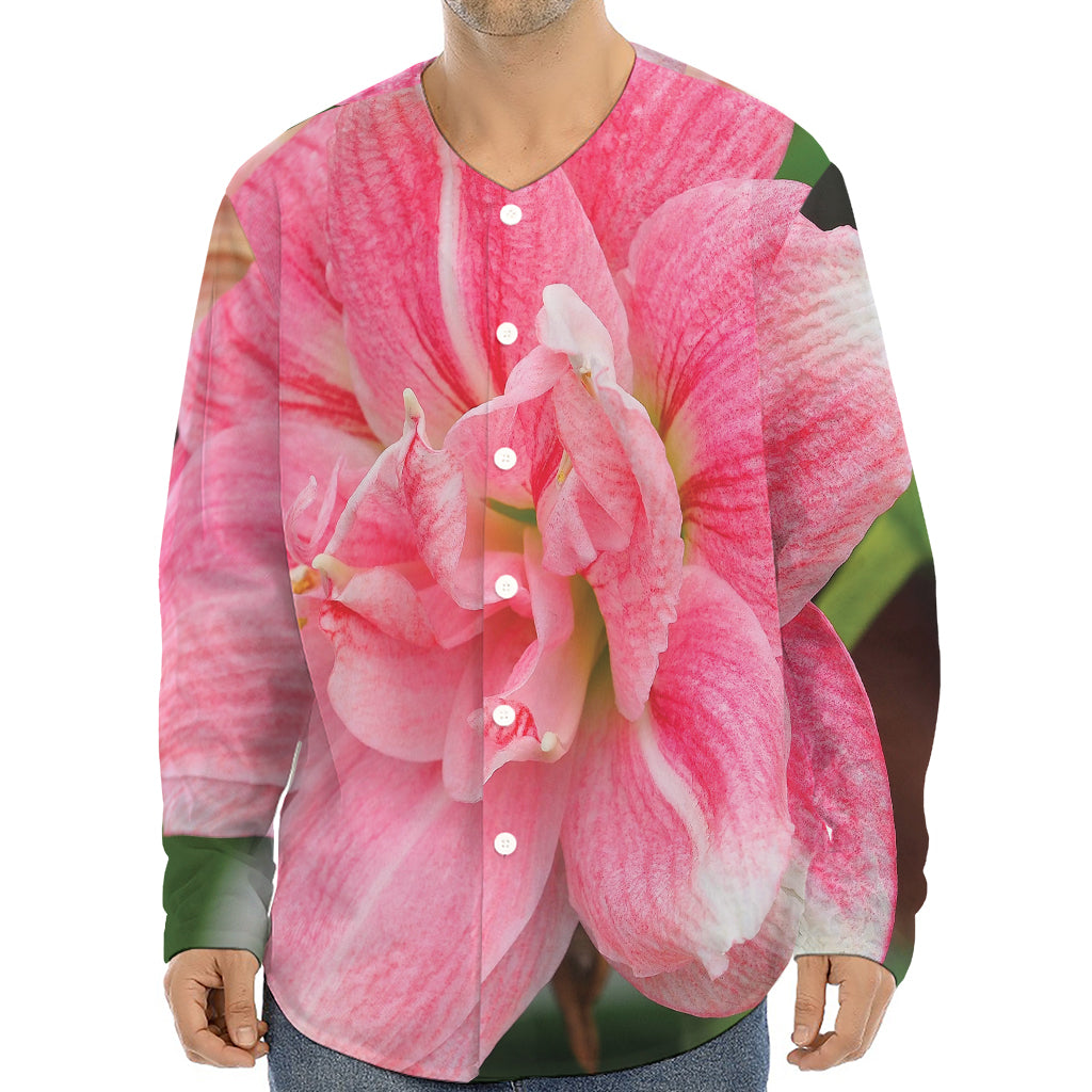 Pink Amaryllis Print Long Sleeve Baseball Jersey