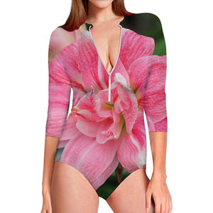 Pink Amaryllis Print Long Sleeve Swimsuit