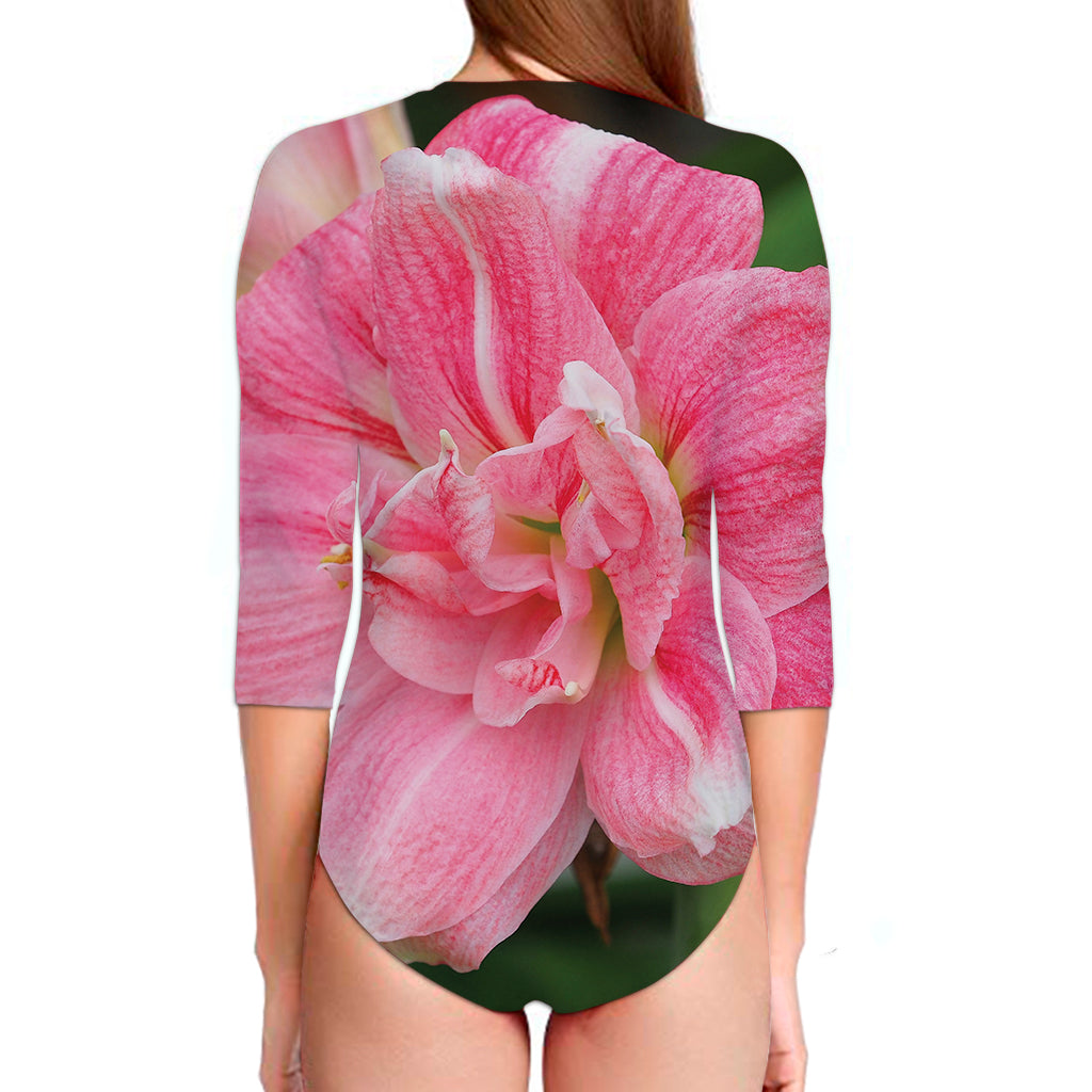 Pink Amaryllis Print Long Sleeve Swimsuit