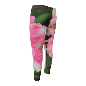 Pink Amaryllis Print Men's Compression Pants