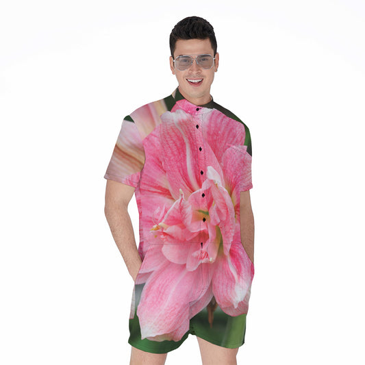 Pink Amaryllis Print Men's Rompers
