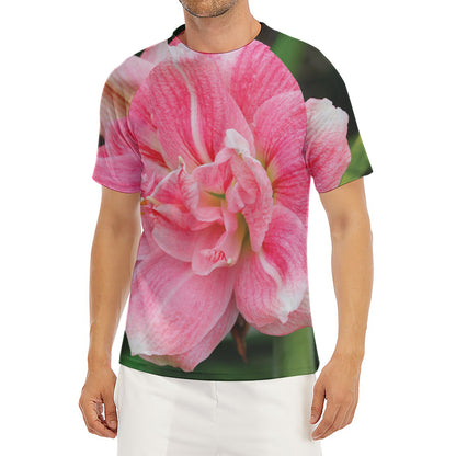 Pink Amaryllis Print Men's Short Sleeve Rash Guard