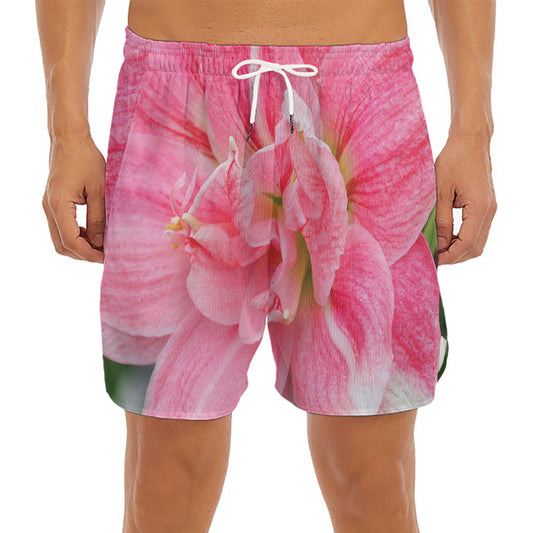 Pink Amaryllis Print Men's Split Running Shorts