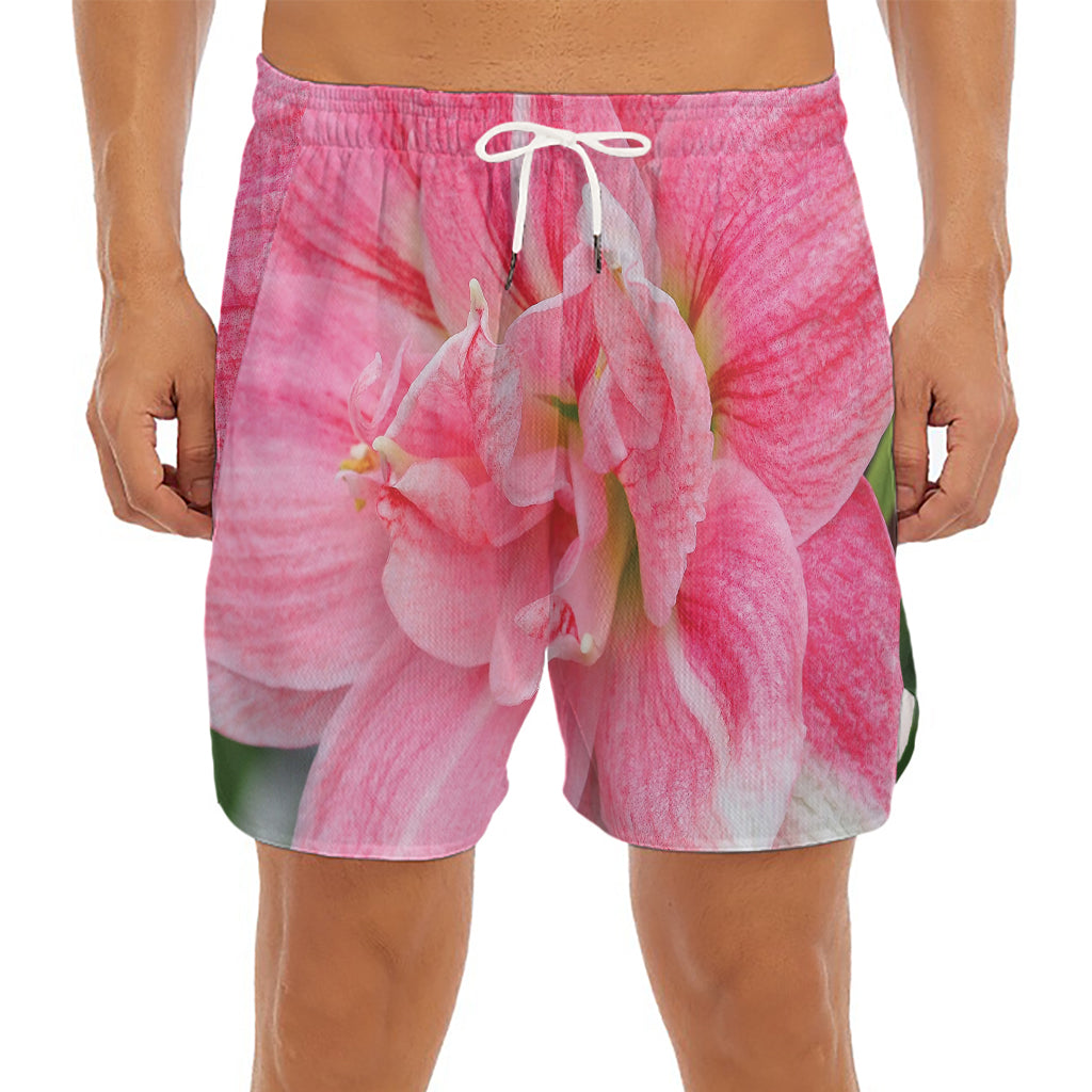 Pink Amaryllis Print Men's Split Running Shorts