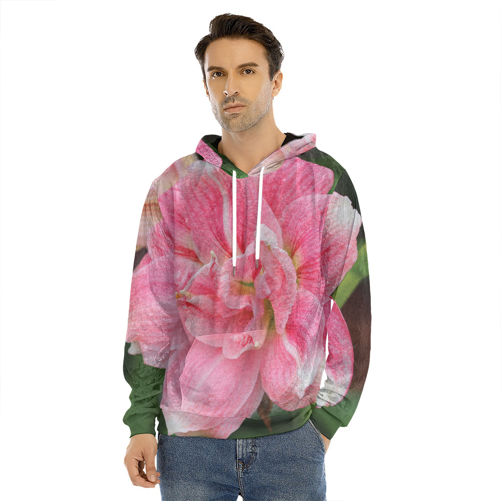 Pink Amaryllis Print Men's Velvet Pullover Hoodie