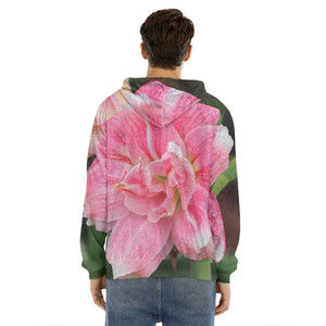 Pink Amaryllis Print Men's Velvet Pullover Hoodie