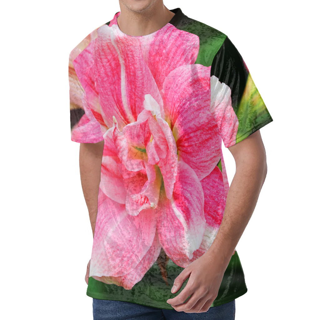 Pink Amaryllis Print Men's Velvet T-Shirt