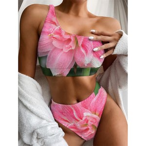 Pink Amaryllis Print One Shoulder Bikini Top