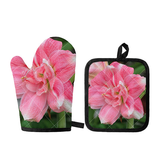 Pink Amaryllis Print Oven Mitt And Pot Holder Set