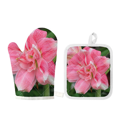 Pink Amaryllis Print Oven Mitt And Pot Holder Set