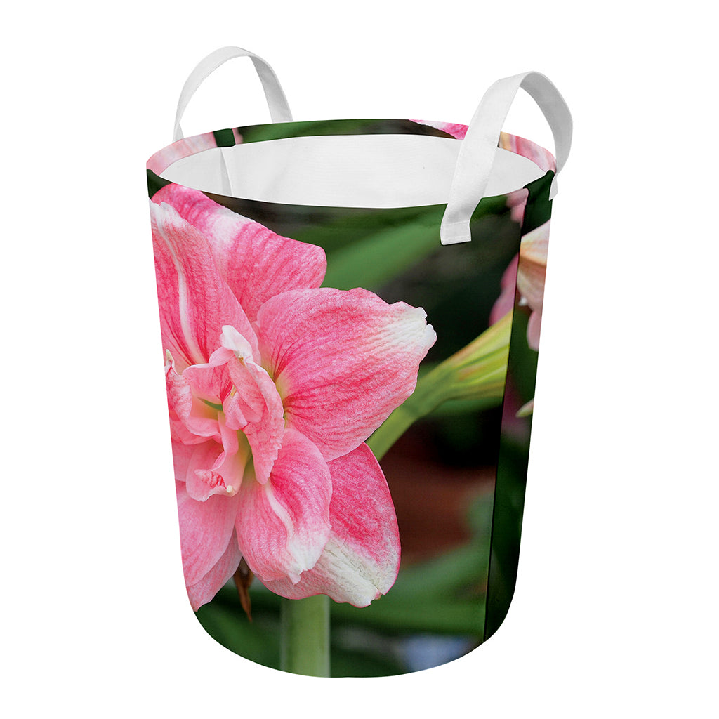 Pink Amaryllis Print Round Laundry Basket
