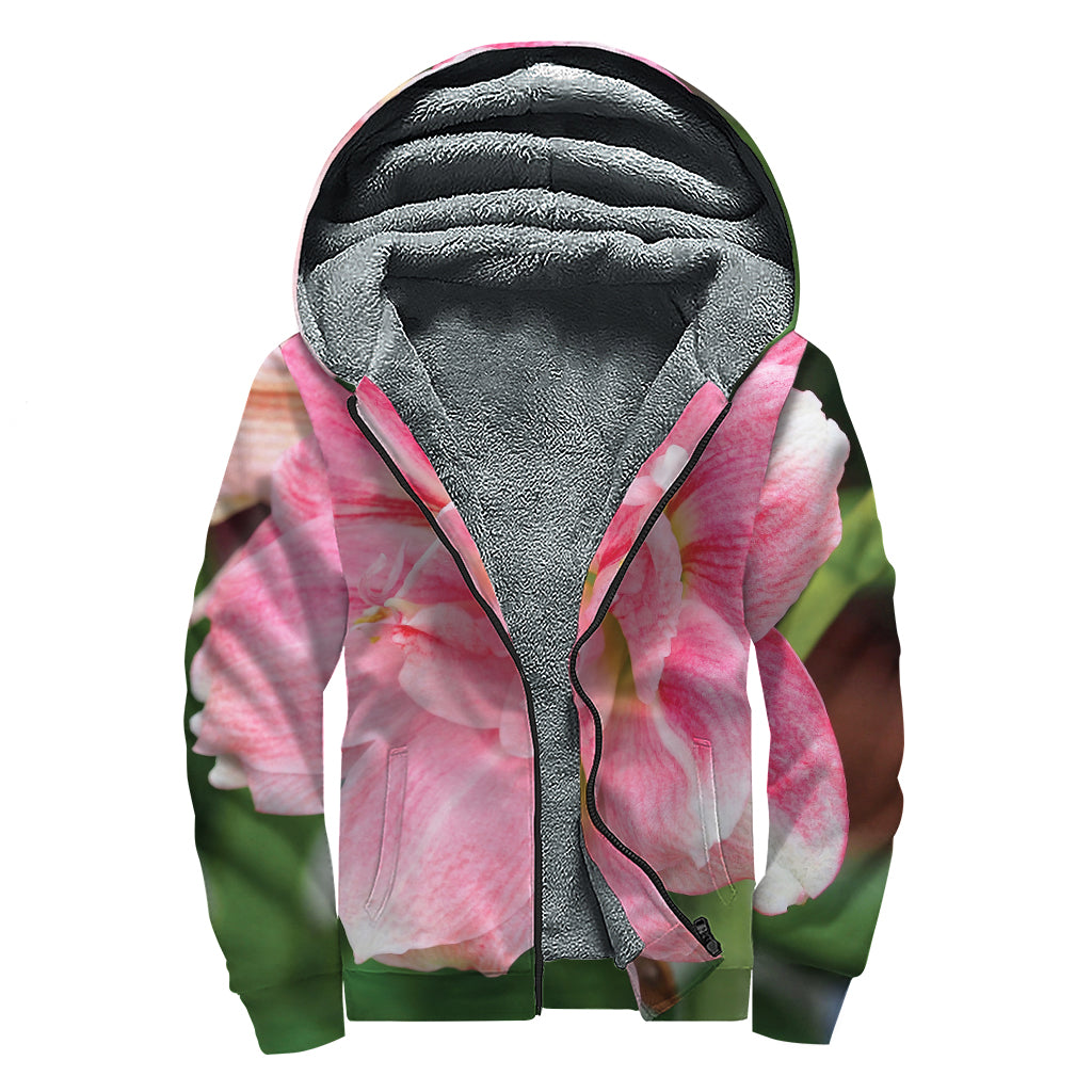 Pink Amaryllis Print Sherpa Lined Zip Up Hoodie