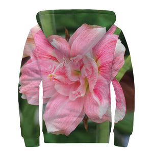 Pink Amaryllis Print Sherpa Lined Zip Up Hoodie