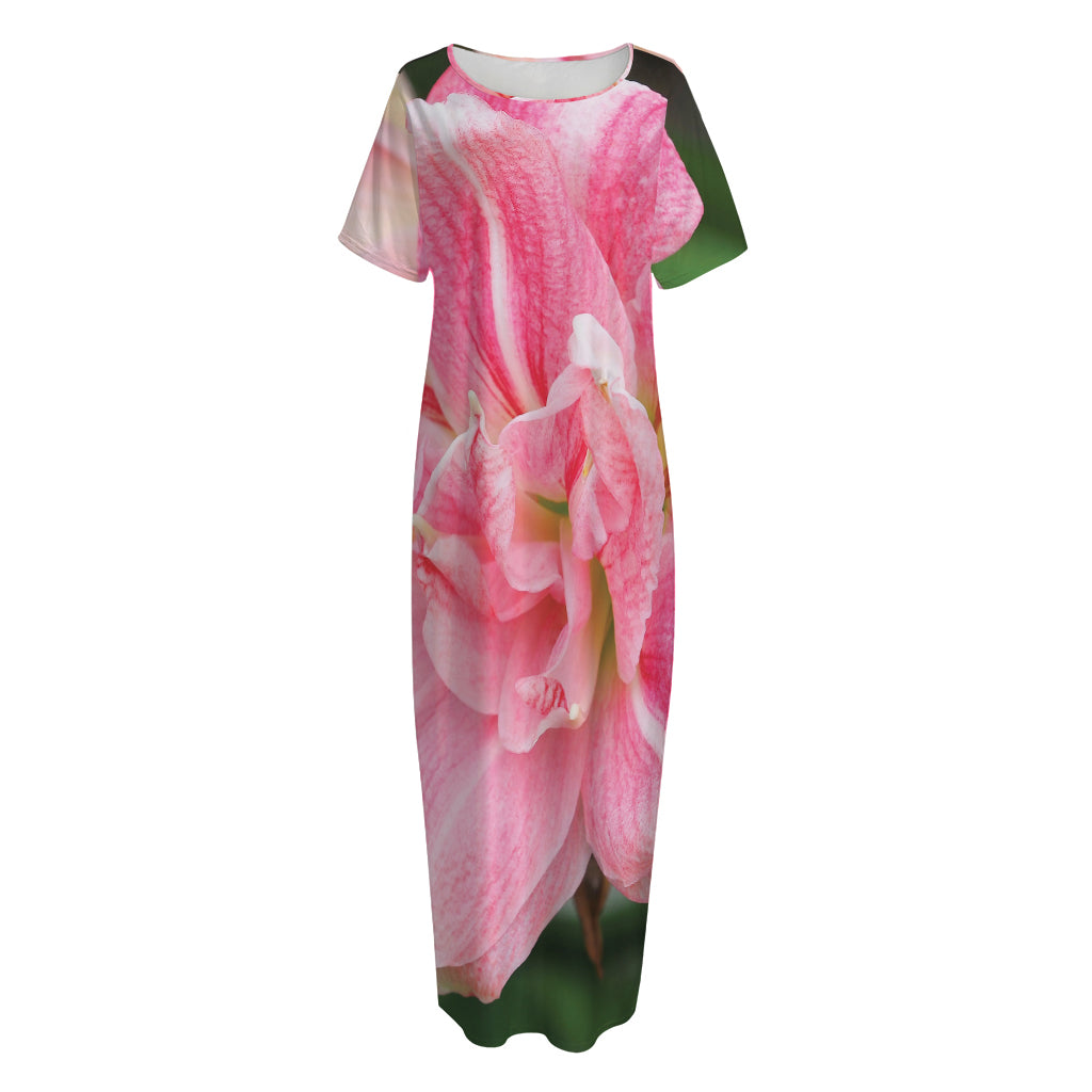 Pink Amaryllis Print Short Sleeve Long Nightdress