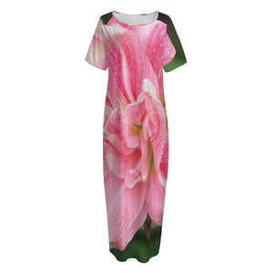 Pink Amaryllis Print Short Sleeve Long Nightdress