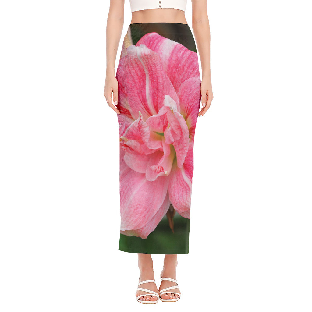 Pink Amaryllis Print Side Slit Maxi Skirt