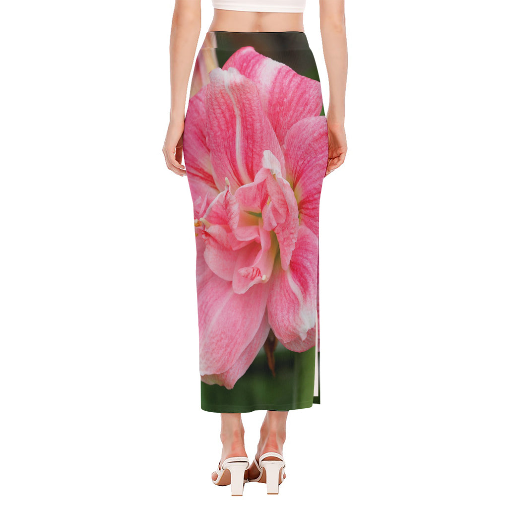 Pink Amaryllis Print Side Slit Maxi Skirt