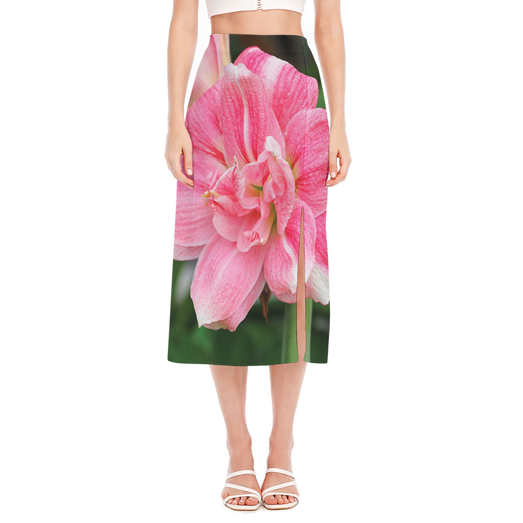 Pink Amaryllis Print Side Slit Midi Skirt