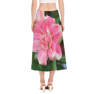 Pink Amaryllis Print Side Slit Midi Skirt