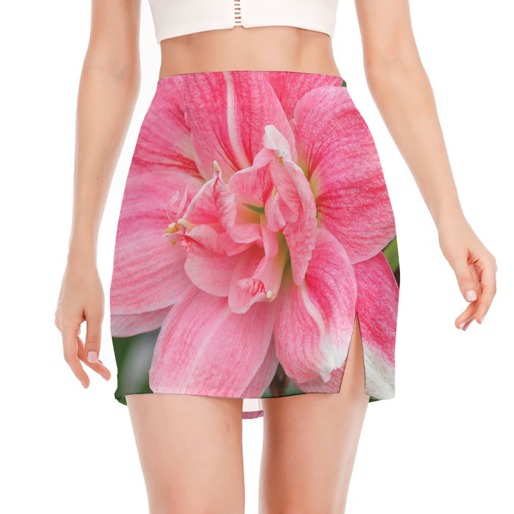 Pink Amaryllis Print Side Slit Mini Skirt