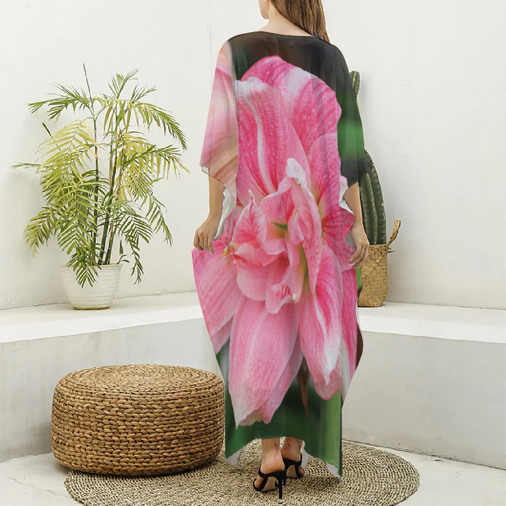 Pink Amaryllis Print Silk V-Neck Kaftan Dress