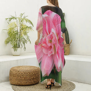 Pink Amaryllis Print Silk V-Neck Kaftan Dress