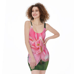 Pink Amaryllis Print Sleeveless Bodycon Dress