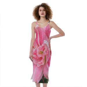 Pink Amaryllis Print Slim Fit Midi Cami Dress