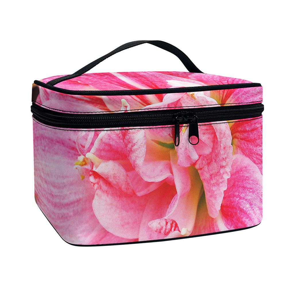 Pink Amaryllis Print Travel Makeup Bag