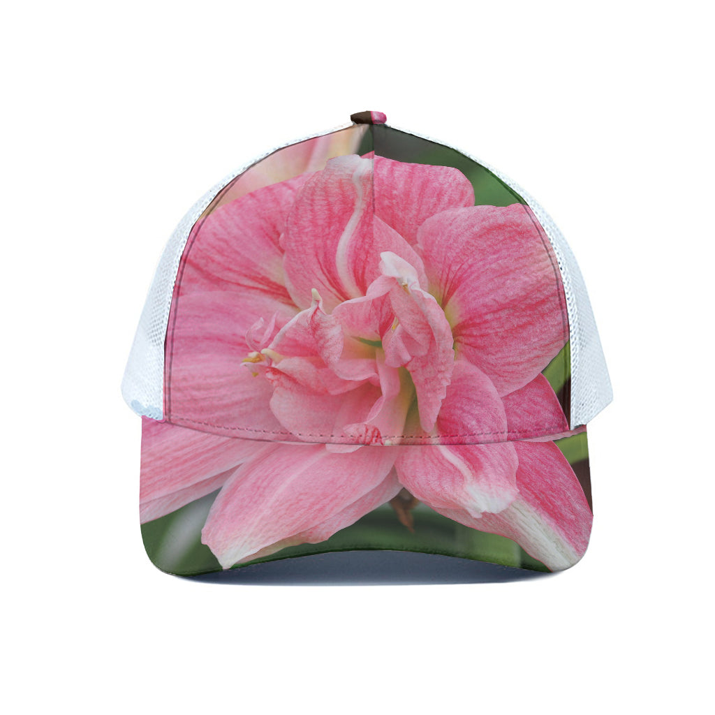 Pink Amaryllis Print White Mesh Trucker Cap