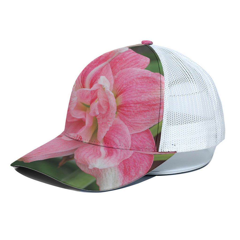 Pink Amaryllis Print White Mesh Trucker Cap