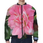 Pink Amaryllis Print Zip Sleeve Bomber Jacket