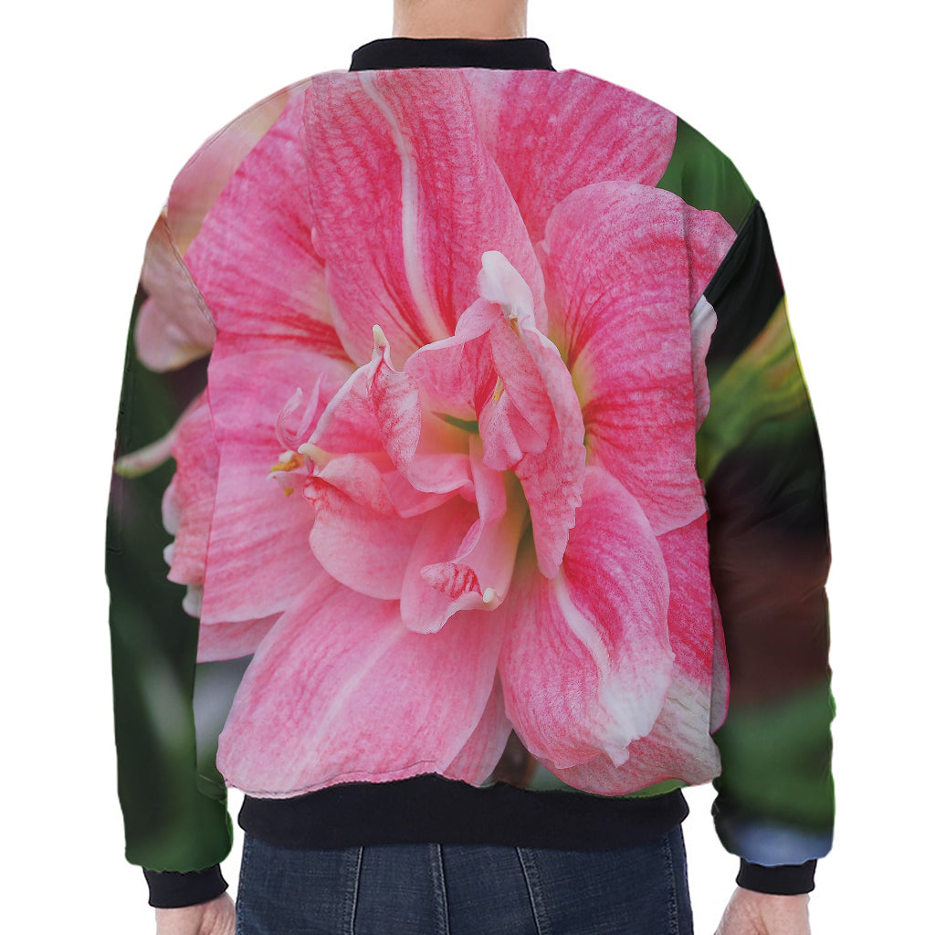 Pink Amaryllis Print Zip Sleeve Bomber Jacket