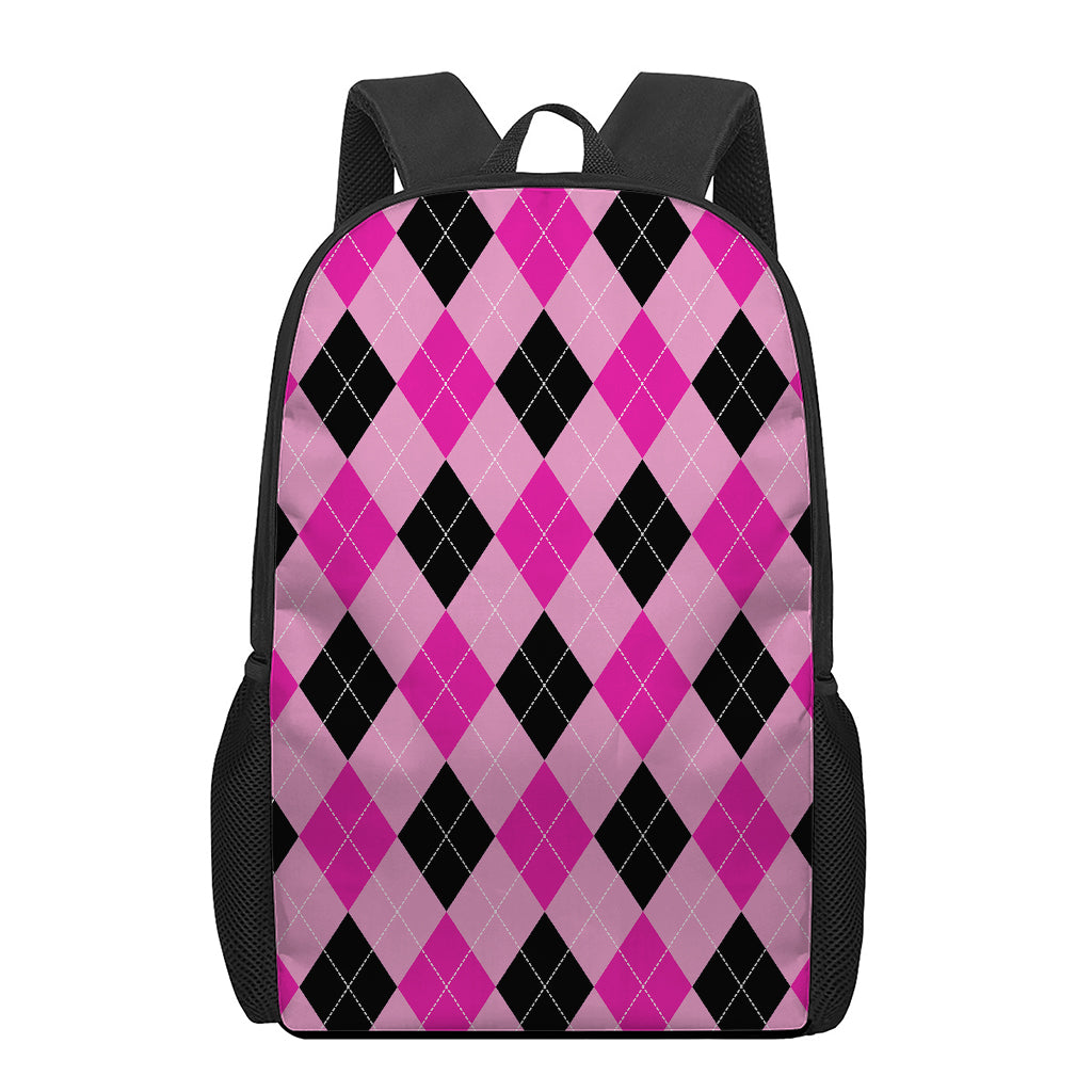 Pink And Black Argyle Pattern Print 17 Inch Backpack