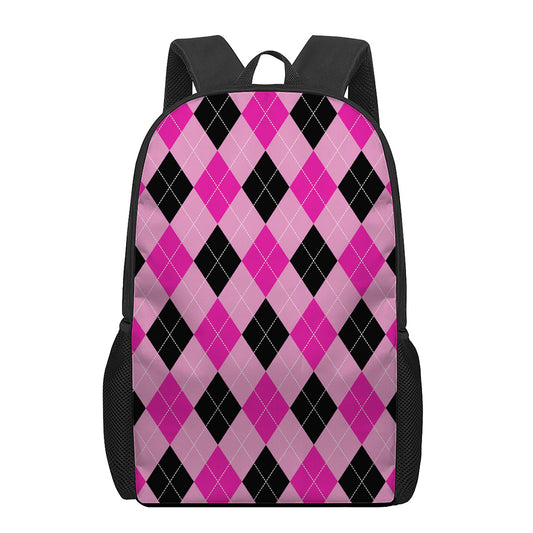 Pink And Black Argyle Pattern Print 17 Inch Backpack