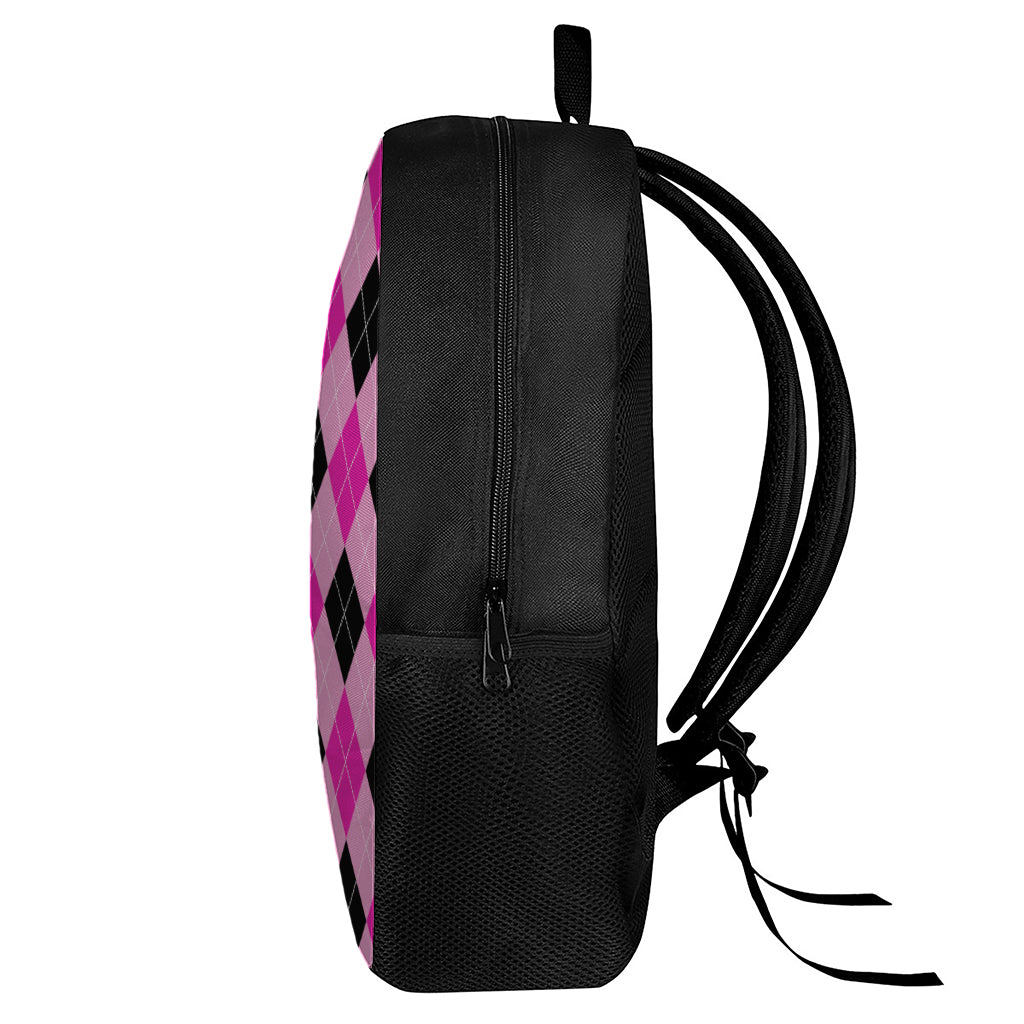 Pink And Black Argyle Pattern Print 17 Inch Backpack
