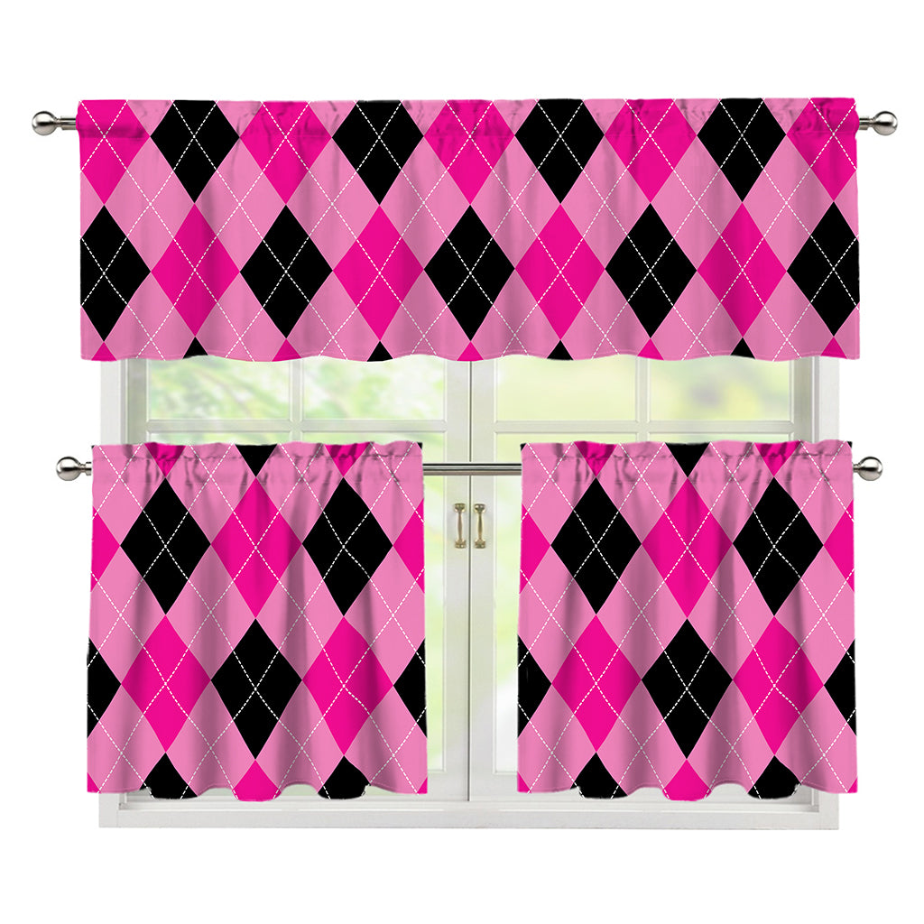 Pink And Black Argyle Pattern Print 3 Piece Kitchen Curtains