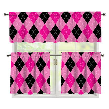 Pink And Black Argyle Pattern Print 3 Piece Kitchen Curtains