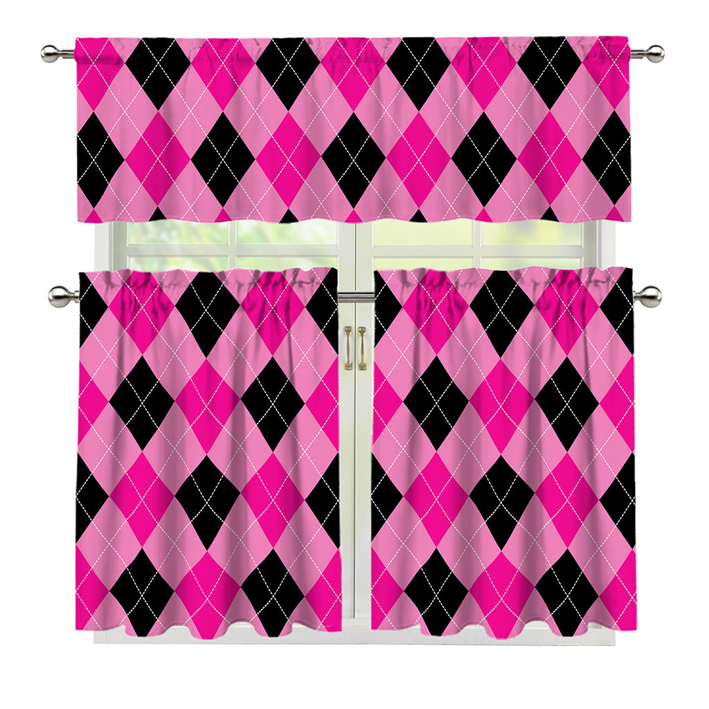 Pink And Black Argyle Pattern Print 3 Piece Kitchen Curtains