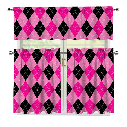 Pink And Black Argyle Pattern Print 3 Piece Kitchen Curtains