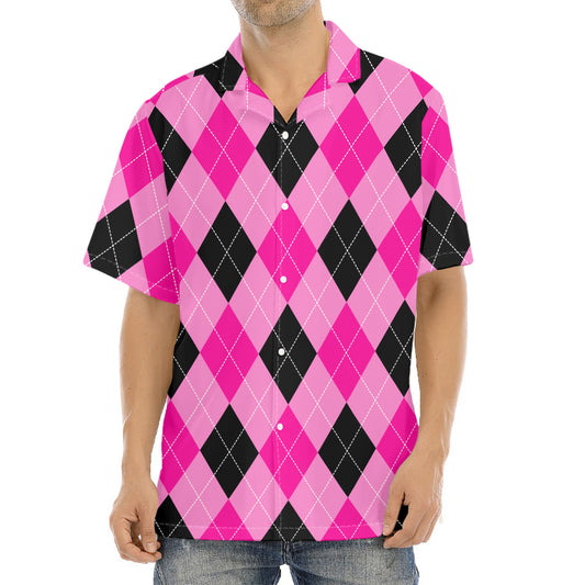 Pink And Black Argyle Pattern Print Aloha Shirt